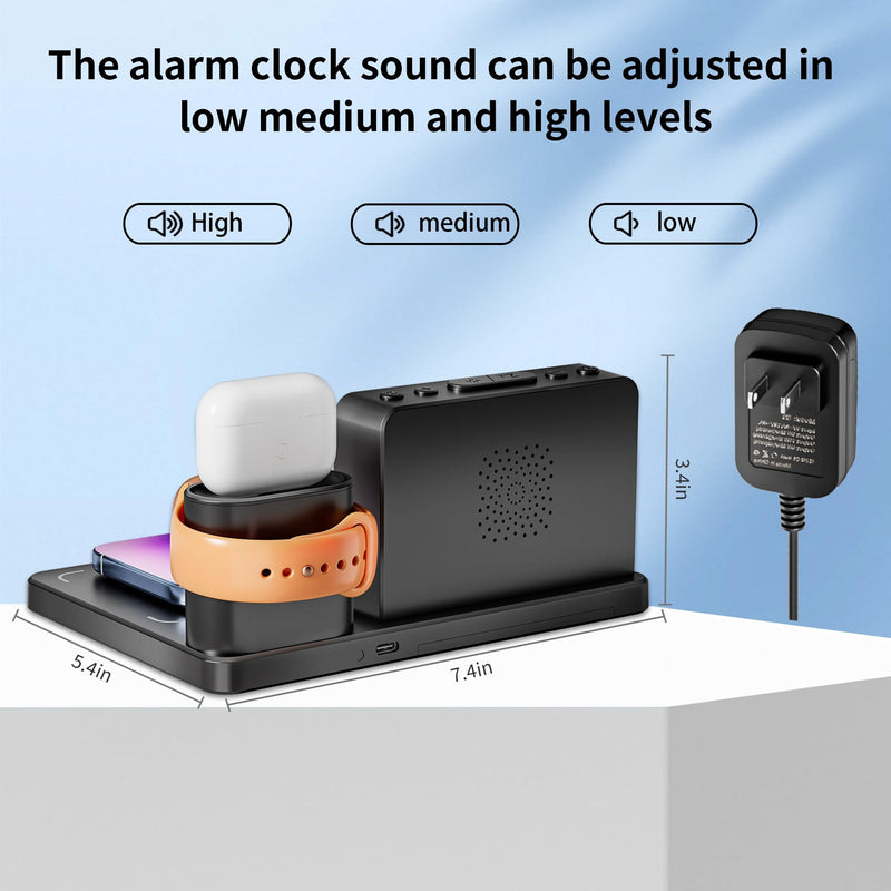 Wireless Fast Charging Station - 7 in 1 Alarm Clock with Wireless Charger Stand - Charging Dock for Apple,for Samsung Galaxy Multiple Devices - for iPhone Watch,for Airpods (Black) Black
