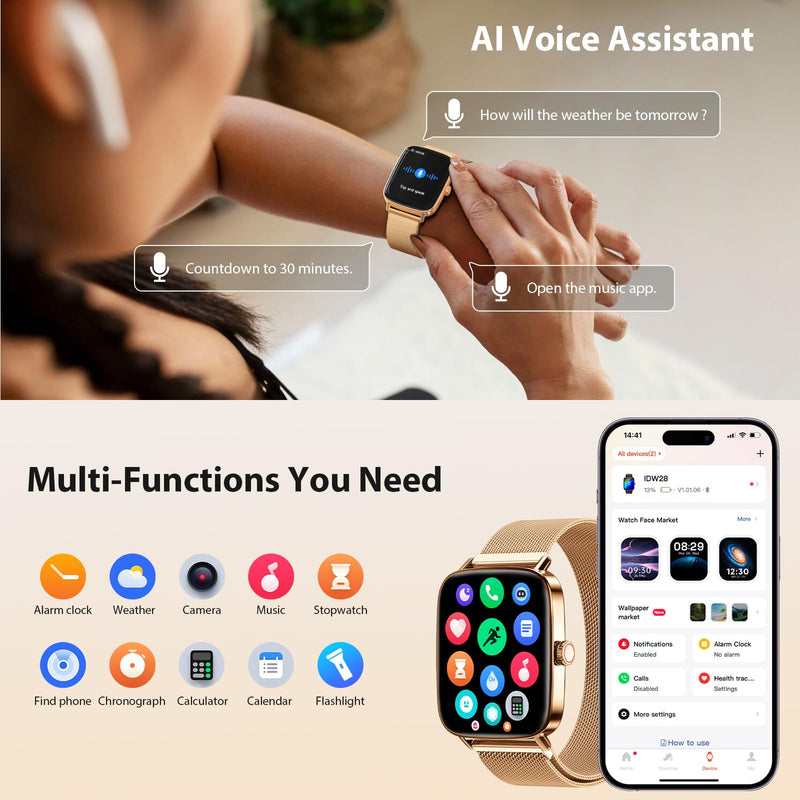 Gydom smart Watches for Women, 1.85" HD Fitness Tracker with Bluetooth Call | 110+ Sports Modes, Heart Rate, SpO2, Sleep & Stress, IP68 Waterproof, 7-10 Day Battery, Android/iPhone, Gold Steel Band Rose Gold 1.85 inches