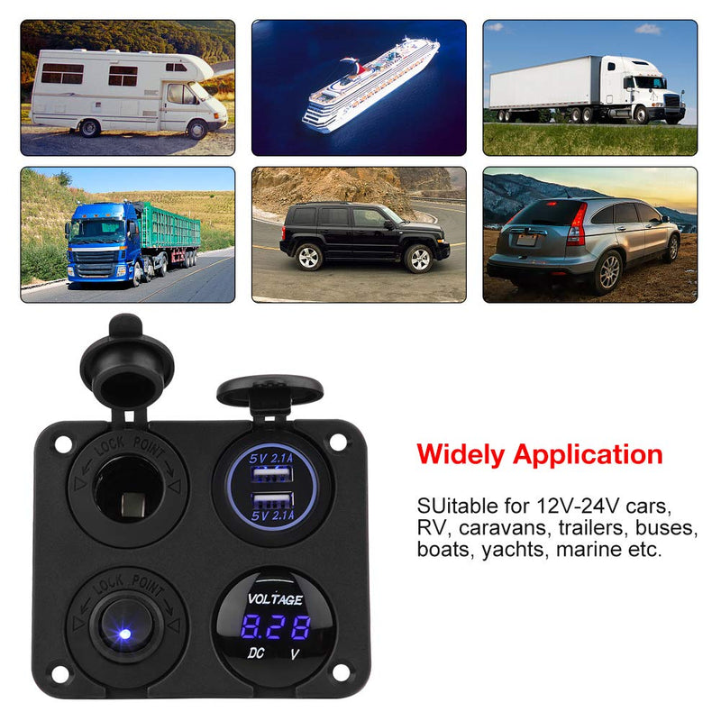 Waterproof 4 Gang Marine Boat ON/Off Toggle Switch Panel & 4.2A Dual USB Socket & Voltmeter & Cigarette Lighter Blue LED Light(Blue)