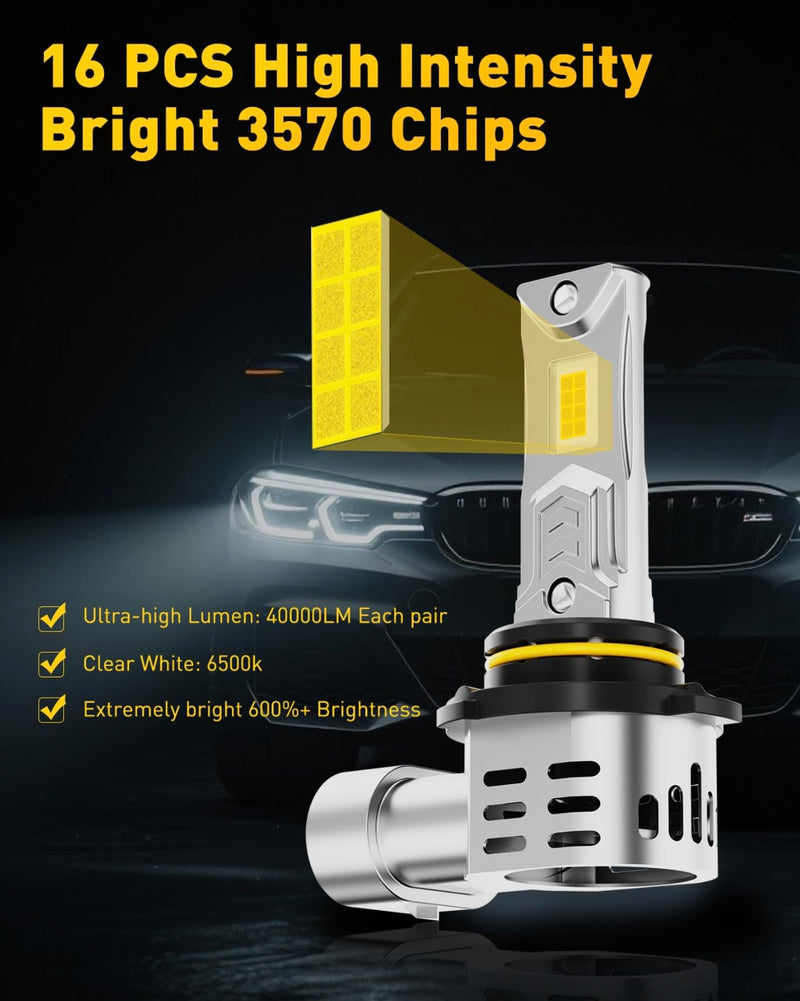 9005/HB3 Fog Light Bulbs – 900% Ultra Bright, 6500K White, 1:1 Fit with Cooling Fan, Plug and Play, 2-Pack