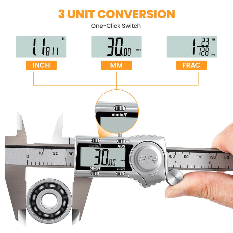 HARDELL Digital Caliper, IP54 Calipers with ABS Function, All-Metal Digital Micrometer Auto-Off, 6 Inch Micrometer Caliper Digital, Inch/MM/Fraction for 3D Printing & DIY (2 Spare Batteries)