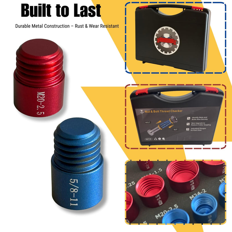 55PCS Nut and Bolt Thread Checker, 30 SAE & 25 Metric Box Kit Thread Gauge with M11 Sizes, Bolt Size Finder, Aluminum Screw Size and Bolt Gauge Identifier Set 55PCS