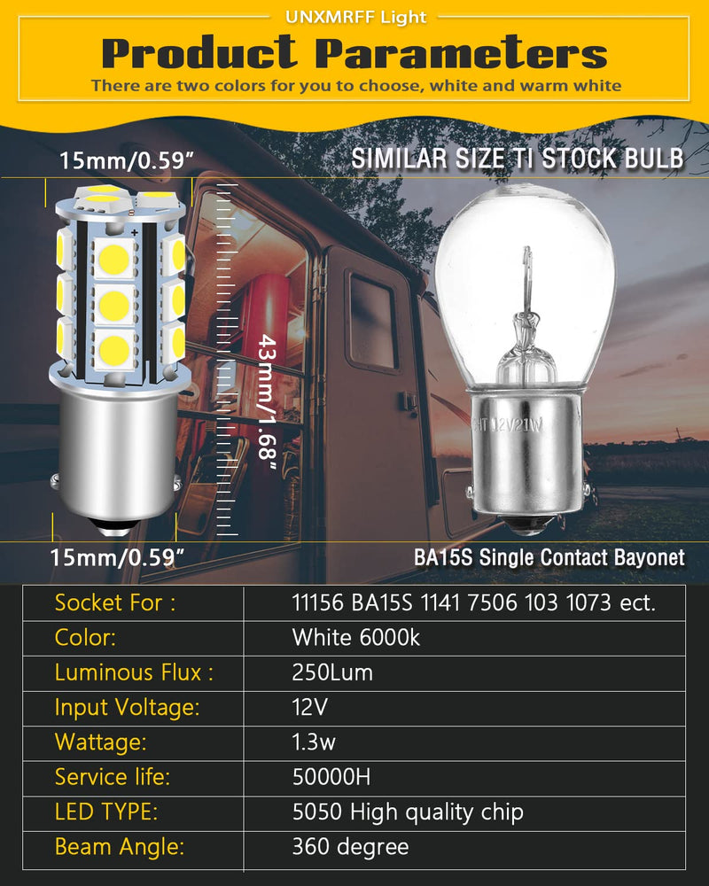 UNXMRFF 1156 LED Bulb White Super Bright 1073 1003 BA15S 7506 1141 LED Bulbs 5050 18-SMD Replacement for 12V RV Interior Ceiling Dome Light/Travel Trailer/Boat Indoor/Camper Light Bulbs (Pack of 6) 6PCS