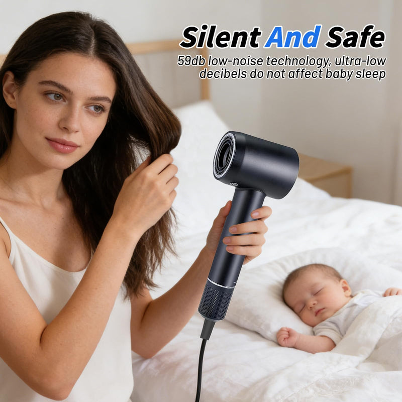 High-Speed Hair Dryer, 1600W Ionic Blow Dryer with 110,000 RPM Brushless Motor, 22m/s Fast Drying with 3 Heat Settings & Cool Shot LED 59dB Quiet Home Travel Salon Use Black