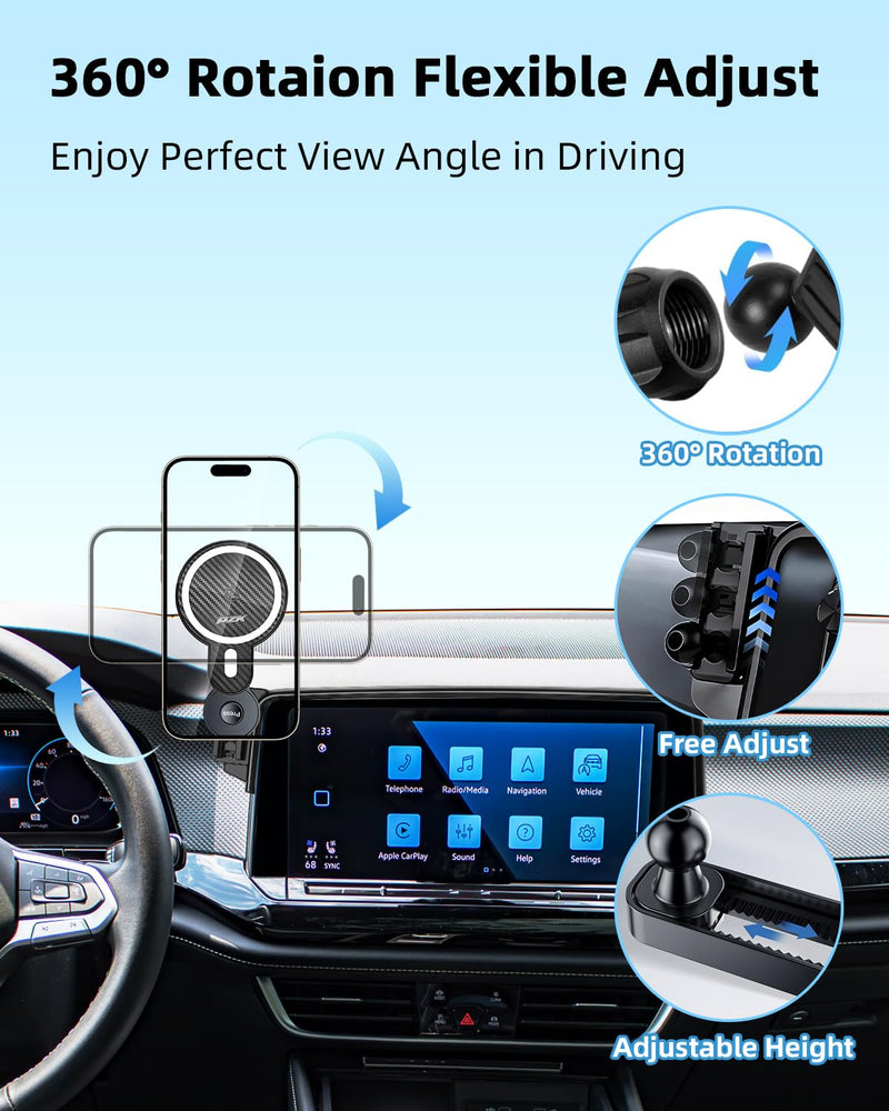 PZK Car Phone Mount for 2024-2026 VW/Volkswagen Atlas/Altas Cross Sport | SE/SEL/Premium R-Line /R-Line 12-inch Screen Magnetic 15W Fast Wireless Charger Phone Holder 360° Rotating Extension Rod With Extension Rod Magsafe+ Wireless Charger