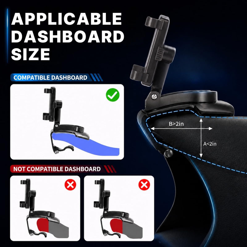 Car Phone Holder, Dashboard Clip Mount, 360° Rotation for 4–7" Phones | Dashboard Clip Mount, 360 Degree Rotation, Sun Visor & Rearview Mirror Use, Strong Spring Clamp, No Suction Residue Black