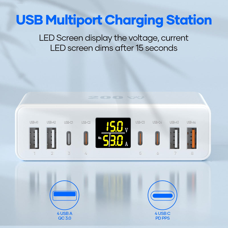 200W USB C Charger 8-Port with LED Display USB Charging Station | GaN Multiport Fast Charger Block PD QC 3.0 PPS USBC Charging Hub Compatible with iPhone Samsung Mac Laptop Pad, Matte White