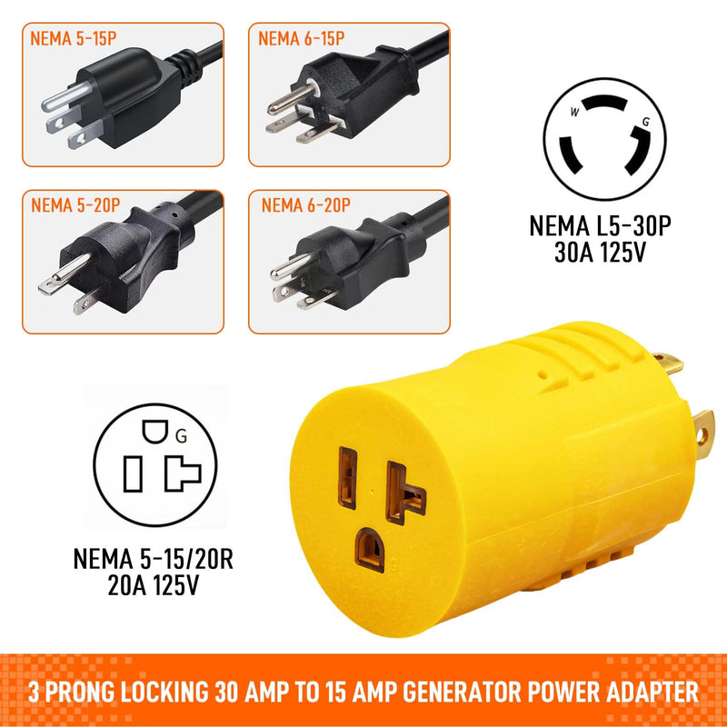 NEMA L5-30P to 5-15/20R RV Generator Adapter, 3-Prong Locking Generator Shore Power Adapter: NEMA L5-30P to Household Regular 5-15R/5-20R Inlet Connector - 30A to 110V/120V for RVs & Marine NEMA L5-30P to 5-15/20R Adapter
