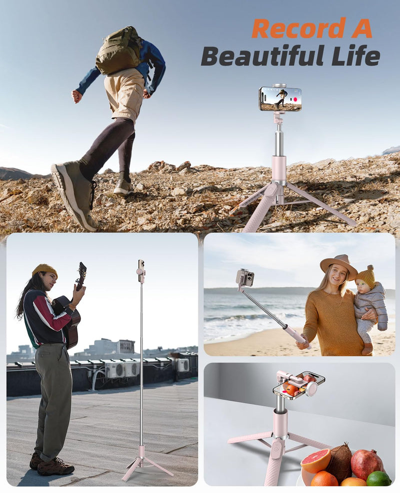 Tripod for iPhone, Selfie Stick with Remote, Stable & Durable Phone Tripod | Portable Travel Cell Phone Stand, Extendable All-in-1 Tripod for Video Recording Compatible with iPhone Android Pink 62 Inch