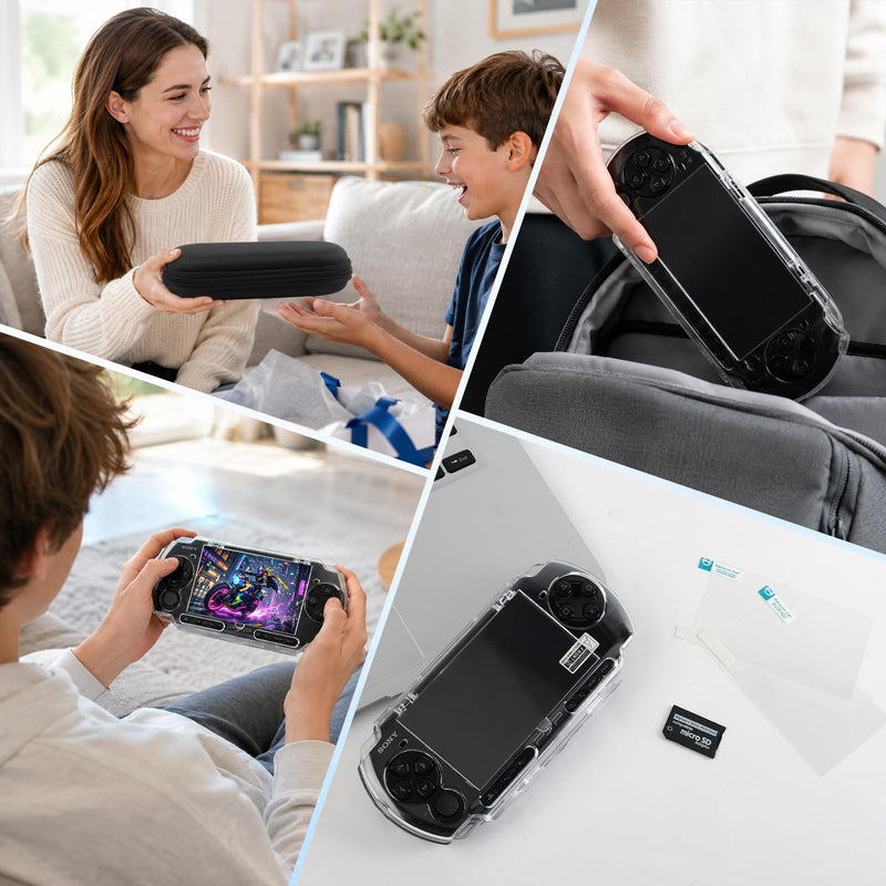 Jedaful 5-in-1 Accessories Bundle for Sony PSP 2000 3000, Hard EVA Travel Carrying Case, Anti-Slip Crystal Clear Hard Case, 2-pack HD PET screen protectors and Micro SD Adapter for Sony PSP