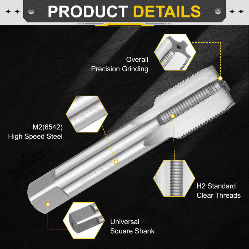 uxcell Hand Plug Tap M25 x 1.5 H2 Metric Thread Plug Style Taps Straight Flute Screw Tapping Threading Tool High Speed Steel HSS6542