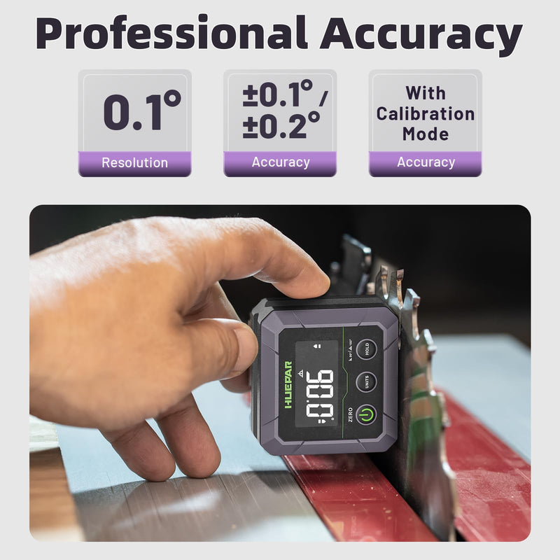 Huepar Professional Digital Angle Finder Magnetic for Table Saw Blade, Woodworking, Bend Pipes Etc., Fathers Day Dad Gifts, ±0.1° Accuracy Inclinometer, 0-90 or 0-180 Angle Gauge, VA LCD Display