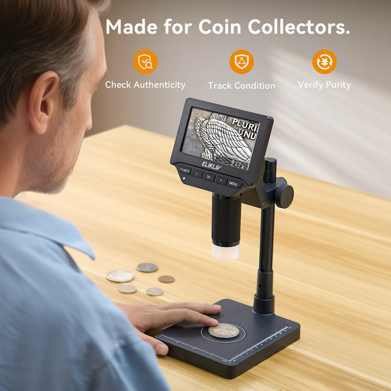 Elikliv EDM4C Coin Microscope with Scale：4.3" Digital Microscope with Adjustable LED, Error Coin Magnifier with Screen & Weighing Scope for Collectors, Jewelers, Students, Windows/Mac Compatible Gray