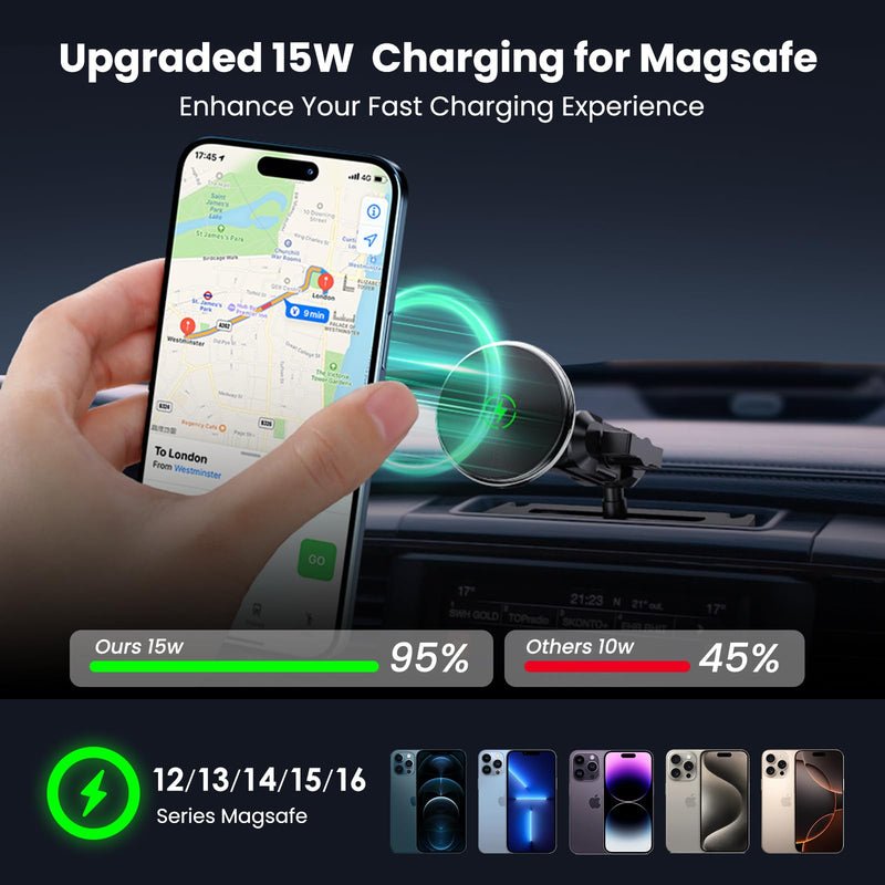 Magnetic Phone Mount Wireless Charging for RAM 1500 2500 3500 2013-2018 | Fits 2019+ RAM 1500 Classic | 20-Magnet Strong Hold | 15W Fast Charge | 360° Rotation | No Drilling | Metal | Easy Install Wireless Charge