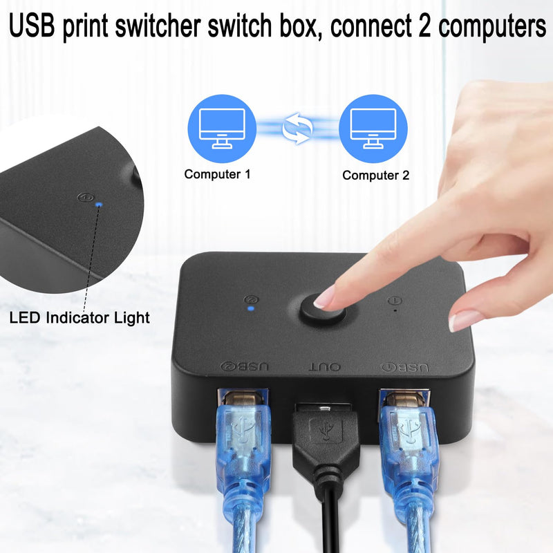 QIANRENON USB2.0 Printer Sharer Switcher 2 Port USB B Print Selector Switch Adapter, 2 Computer Share 1 Printer Manual Switcher, with LED Light, Including 2 * 1.5m Print Cable