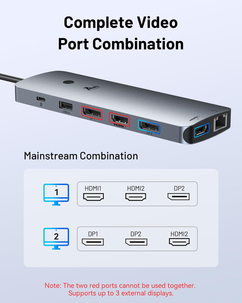 USB C Docking Station for Laptop, Triple Monitor Dock with 2 HDMI | 14-in-1 USB-C Hub with 2 HDMI 2DP, 100W PD, 1Gbps Ethernet, 5 USB C/A, SD/microSD for Dell/HP/Lenovo 14 in 1 HDMI