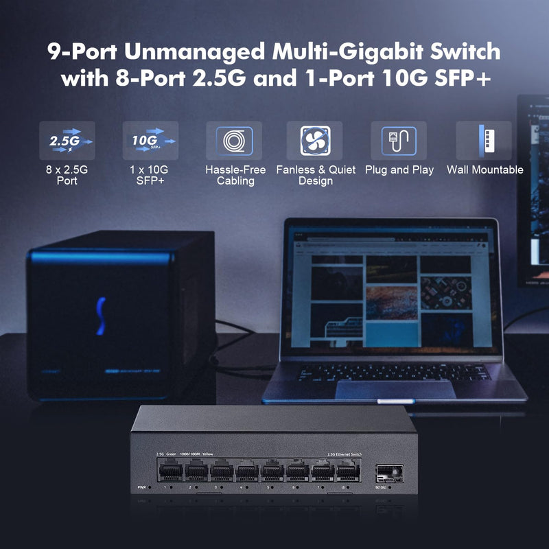 8 Port 2.5G Switch, 8 x 2.5GBASE-T Ports with 10G SFP+, 60Gbps Switching Capacity, Fanless Plug & Play YuLinca Unmanaged Network Switch Mini 8x2.5G + 1x10G SFP