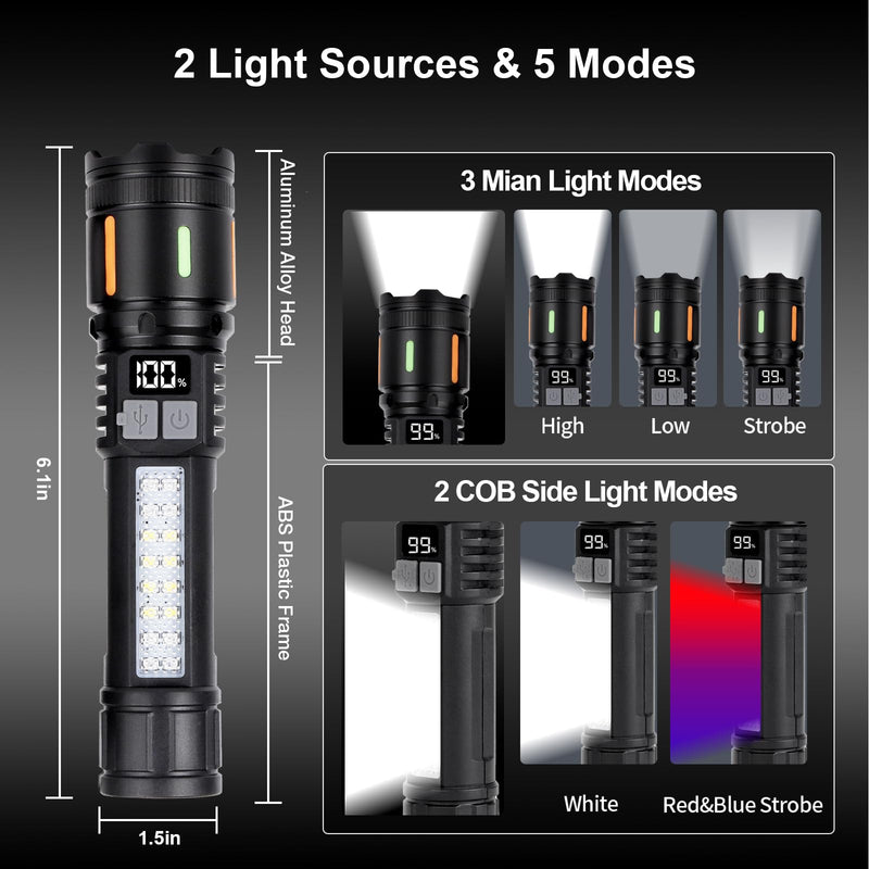 Flashlights High Lumens Rechargeable 2 Pack, Peascat 900,000L LED Tactical Flash Light, USB C Fast Charging, 5 Modes, IPX6 Waterproof, Power Display, Zoomable Handheld Flashlight for Camping Emergency M-2pc