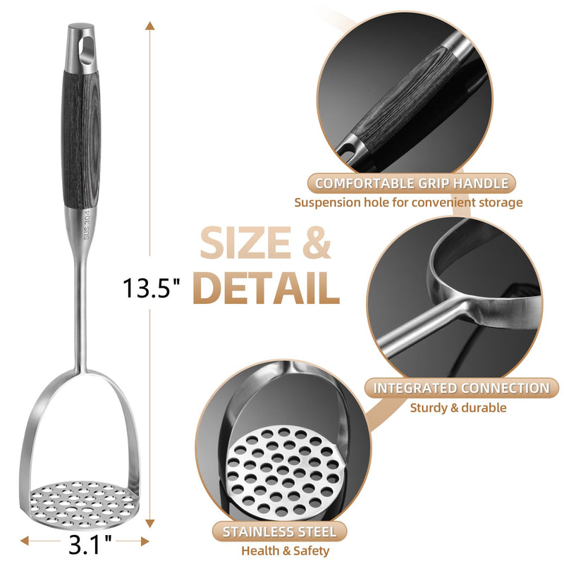 Potato Masher Stainless Steel,Wooden handle Potatoes Smasher, Manual Mashed Potato Masher Kitchen Tool for Avocado,Potatoes, Vegetables, 13.5Inch Long handle Large Heavy Duty Metal Mashing Utensil Black wooden handle large