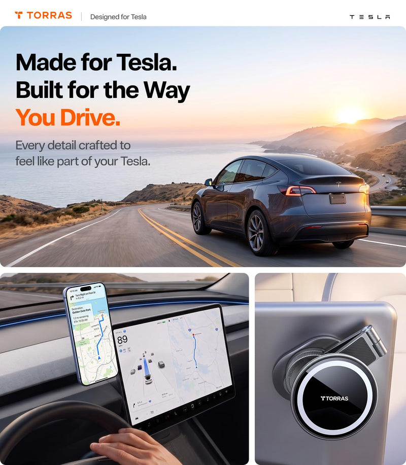 TORRAS Stow Tesla Phone Mount [Hidden & Strong Magnet] 360°Rotation Foldable Tesla Phone Holder Fit for All Phones, Tesla MagSafe Car Mount, Tesla Accessories for Model Y Model 3/S/X/Cybertruck