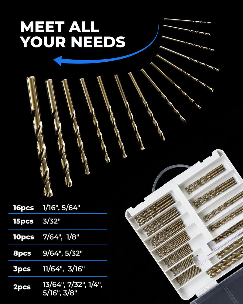 toolant 99Pcs Drill Bit Set,Cobalt Drill Bits Index for Hardened Metal,Stainless Steel,Plastics, Wood,Titanium Twist Jobber Drill Bits Bulk 1/16"-3/8", with Plastic Index Storage Case 99Pcs Cobalt Drill Bit Set