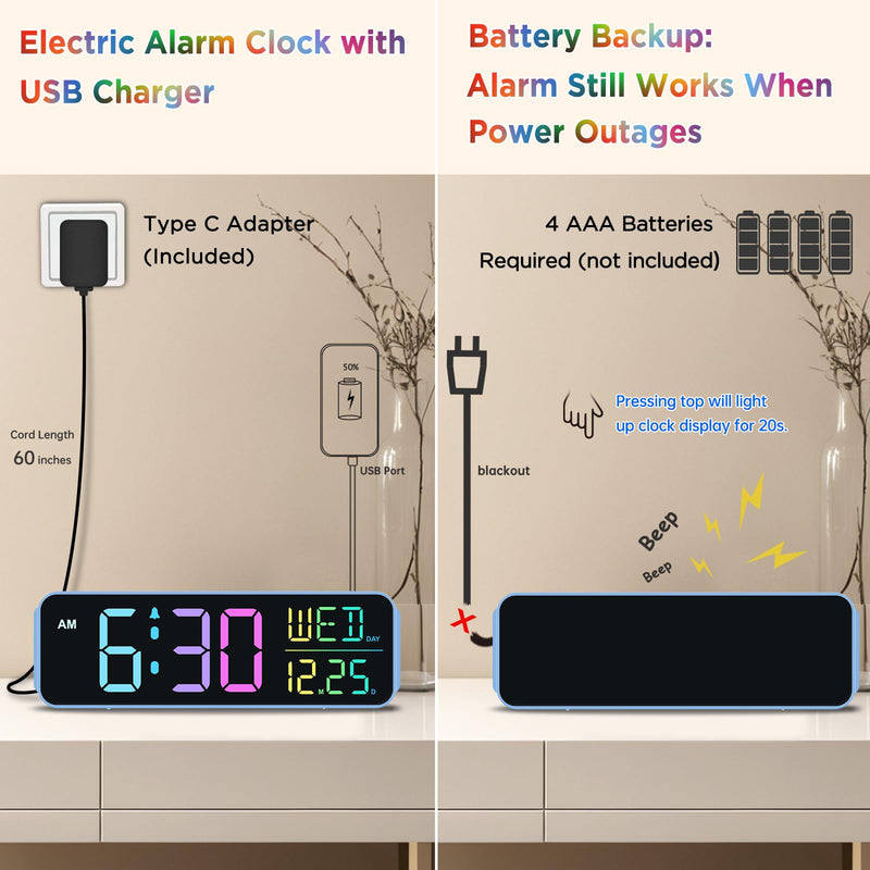  [AUSTRALIA] - Peakeep Loud Digital Alarm Clock Large Display for Bedrooms with Date, Day of Week, Auto DST, Desk Clock Electric Plug in for Living Room, Battery Backup, USB Port, 5 Dimmers Blue Rgb