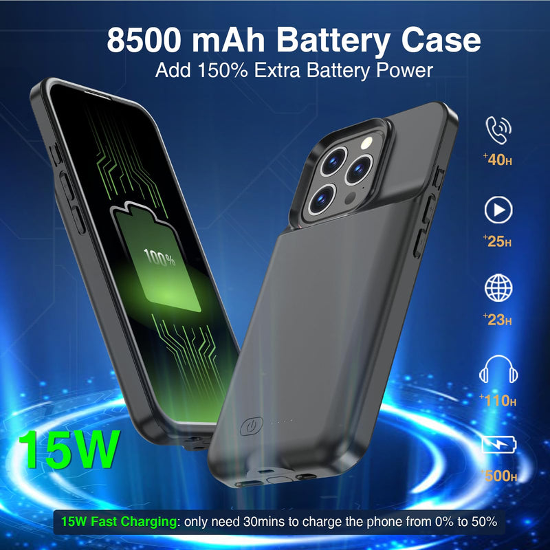 GIN FOXI Battery Case for iPhone 16 Pro Max,Rechargeable Charging Case Charger 8500mAh Ultra-Slim Lightweight 15W Fast Battery Pack Anti-Fall TPU Juice Box for 16 Pro Max (6.9 inch) Black