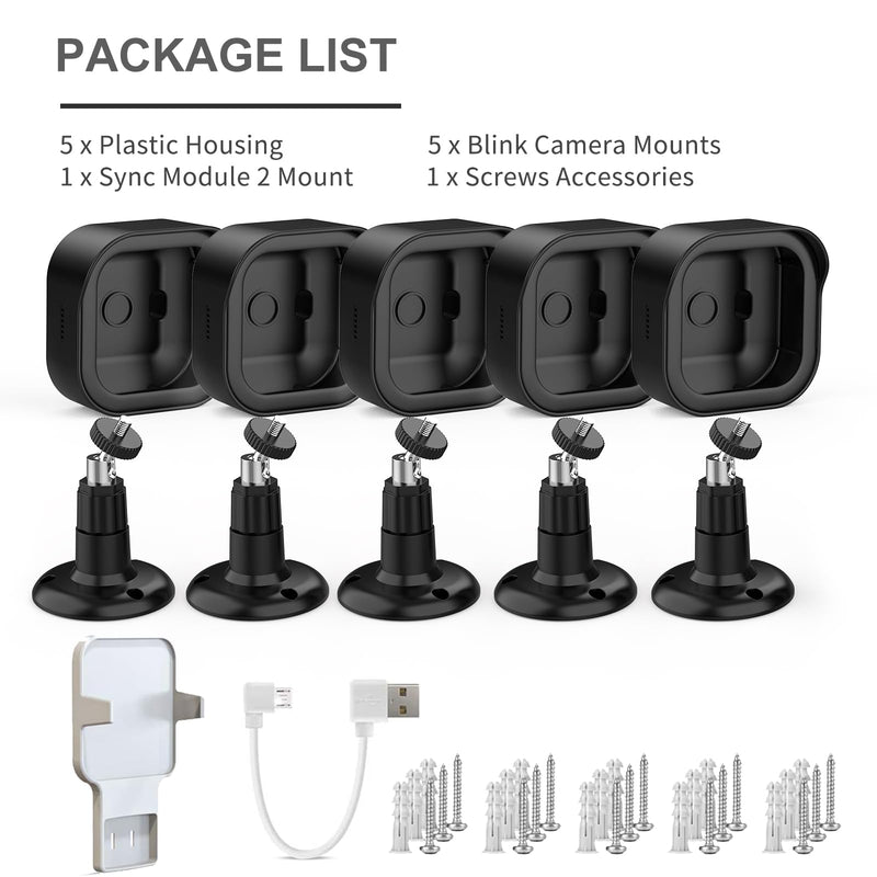 Camera Mount for Blink Outdoor 4 (4th Gen) & Blink Outdoor (3rd Gen), 5 Pack Weatherproof Protective Housing and 360° Adjustable Mount with Sync Module 2 Mount 4th gen Black