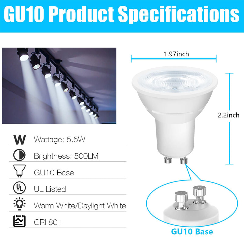 DAYBETTER GU10 LED Light Bulbs, Dimmable GU10 Bulb Replacement for Track Lighting, 5.5w Equivalent 50W, 500 LM Daylight White 5000K, MR16 LED Bulb for Kitchen, Range Hood, Living Room, 24 Pack 5000k Daylight White