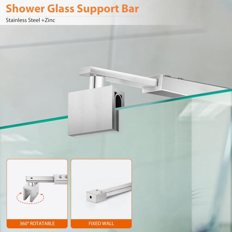 Shower Door Support Bar, Adjustable Length 27 3/5"-47 1/5" (700mm-1200mm) Rod for 5/16" (8mm) to 3/8" (10mm) Thick Frameless Glass Door Panel, Brushed Silver Adjustable length 700-1200mm, square end