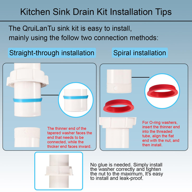 Universal 1-1/2" Kitchen Sink Drain Kit, Space-Saving kitchen drain P-trap With retractable flexible Pipe Completed Sink Pipe Replacement Kit (DIY Installation) Double Sink Drain Kit White