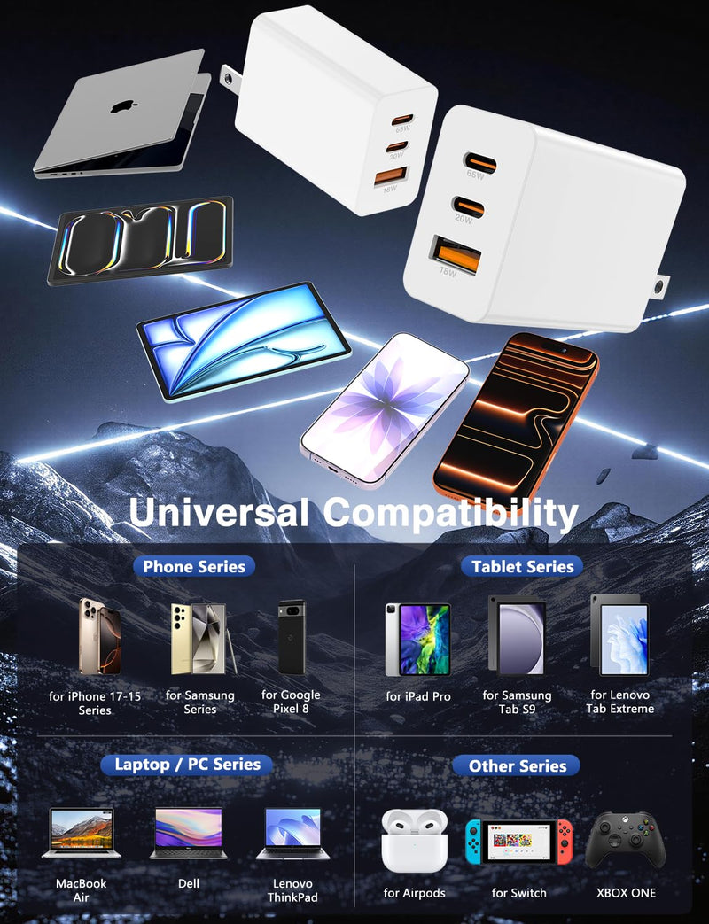 Susnwere 85W Dual USB C Charger Block, 3-Port 100W Fast USB-C Power Adapter Wall Charger Plug Type C Charging Adapter for Laptop & Tablets/Android Phones iPhone 17/16/15 Pro Max, iPad Pro/Air/mini White