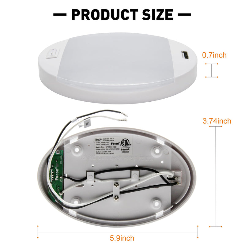 Facon 12V RV Interior Lights with Fast USB Charger (5V/2.4A) – Oval Pancake LED Ceiling Light Fixture with Switch, 12Volt Lighting for RV, Camper, Boat, Tiny Homes with Switch and USB Charger Socket