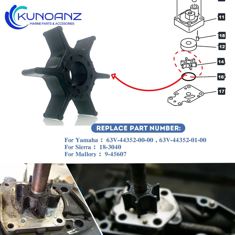 63V-44352-01-00 Water Pump Impeller For Yamaha 8 9.9 15 20 HP 2/4 Stroke Outboard For Sierra 18-3040 63V-44352-00-00 8HP 9.9HP 15HP 20HP 2 Cylinder T8 T9.9 F9.9 F15 F20 For Mallory 9-45607 1996-2020