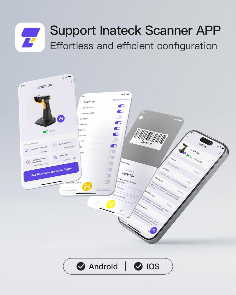 Inateck Bluetooth Barcode Scanner 2D, Wireless 2D QR Code Scanner with 2600 mAh Battery and Smart Charging Base, Handheld Scanner Support AI, APP, SDK, BCST-36 BCST-36-BK