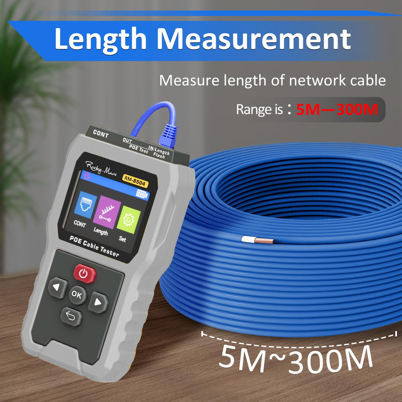 PoE Cable Tester, IEEE 802.3af/at/bt Compliant Network Tester with Port Flash Detection, Cable Length Meter, Continuity Test for CAT5 CAT6, 1500mAh Battery