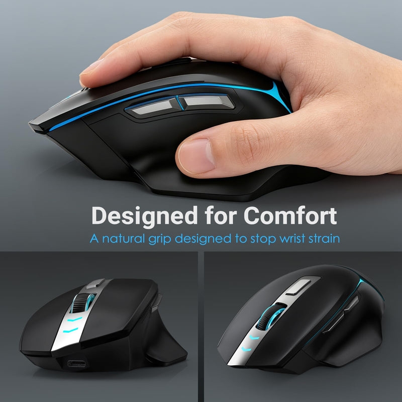 GAMCATZ Bluetooth Wireless Gaming Mouse,12500 DPI RGB Ergonomic Mouse with Tri-Mode (2.4G/USB-C/Wired), Rechargeable Gamer Mice for Computer, Mac, iPad, Laptop & PC (Black) Black