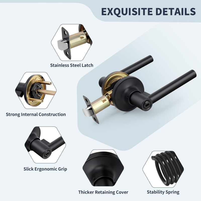 Round Style Door Handle with Privacy Locking, Privacy Reversible Door Lever for Bathroom or Bedroom Door, Matte Black Finish Privacy (Thumb Button Lock)