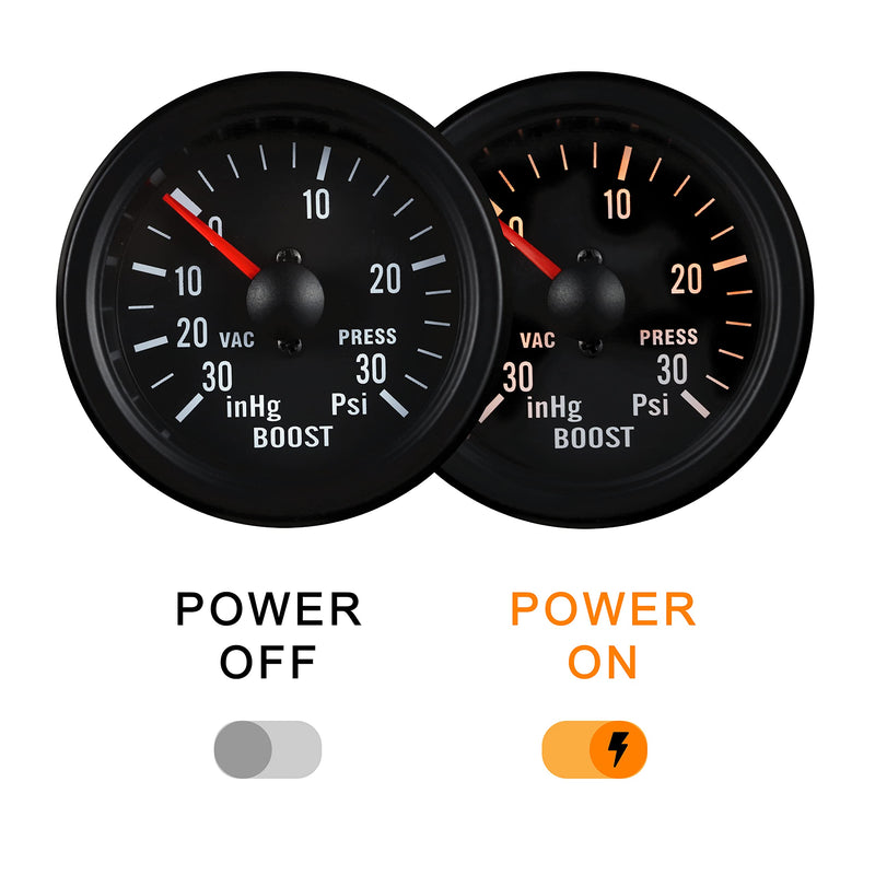 MOTOR METER RACING 2-1/16" 52mm Mechanical Boost/Vacuum Gauge -30 inHg 30 PSI Black Dial Amber Light for Car Truck