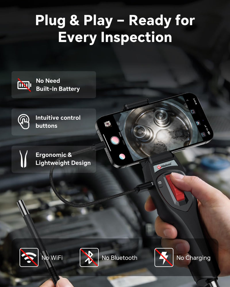 Two-Way Articulating Borescope, Phone Endoscope Camera with Light | 6.2mm Probe, 1080P HD, 5.3FT Cable, Ergonomic Design, Wide Phone Compatibility, for Automotive, Wall, Mechanics Inspection