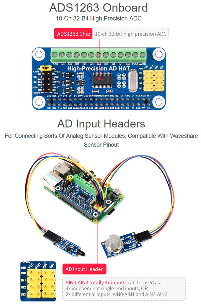 High-Precision AD HAT ADS1263 10-Channel 32-Bit ADC SPI Bus Low Noise Low Temperature Drift,for Raspberry Pi 4B/3B+/3B/2B/Zero/Zero W/Zero WH/2W and Jetson Nano AD HAT for Pi