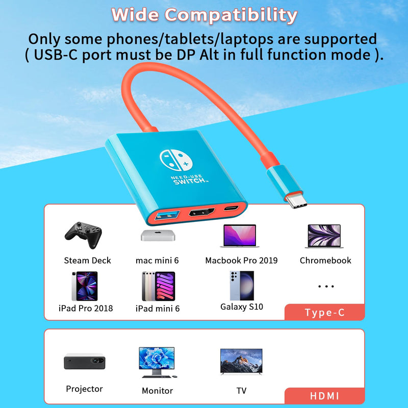 Switch Dock for Nintendo Switch & OLED, Portable TV Dock with 4K HDMI, USB 3.0 Port and USB C PD 100W Charging, Travel Docking Station Replacement for Switch(Blue) Blue