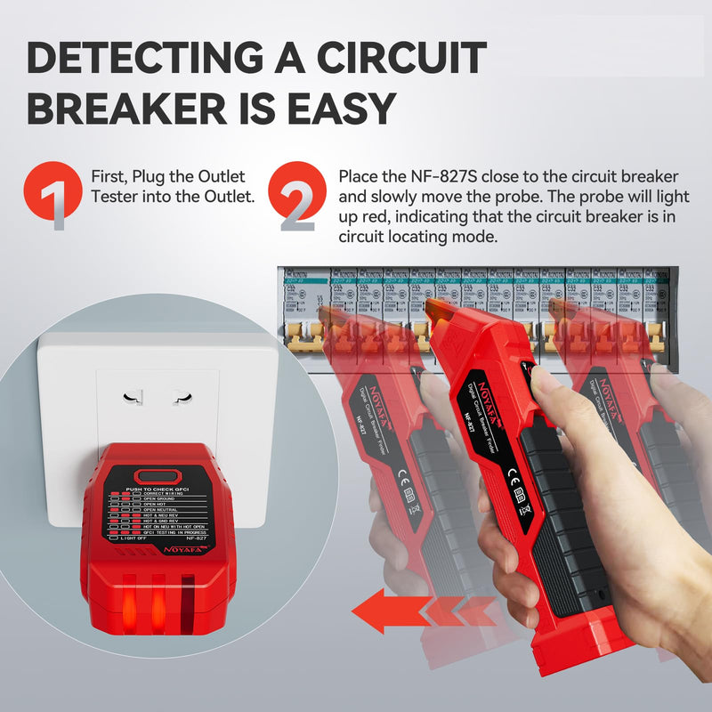 NF-827S Circuit Breaker Locator, GFCI Outlet Tester, Circuit Breaker Finder Tool, 90-120V AC Digital Circuit Finder with NCV Testing and Flashlight, Includes Carrying Case and Adapters