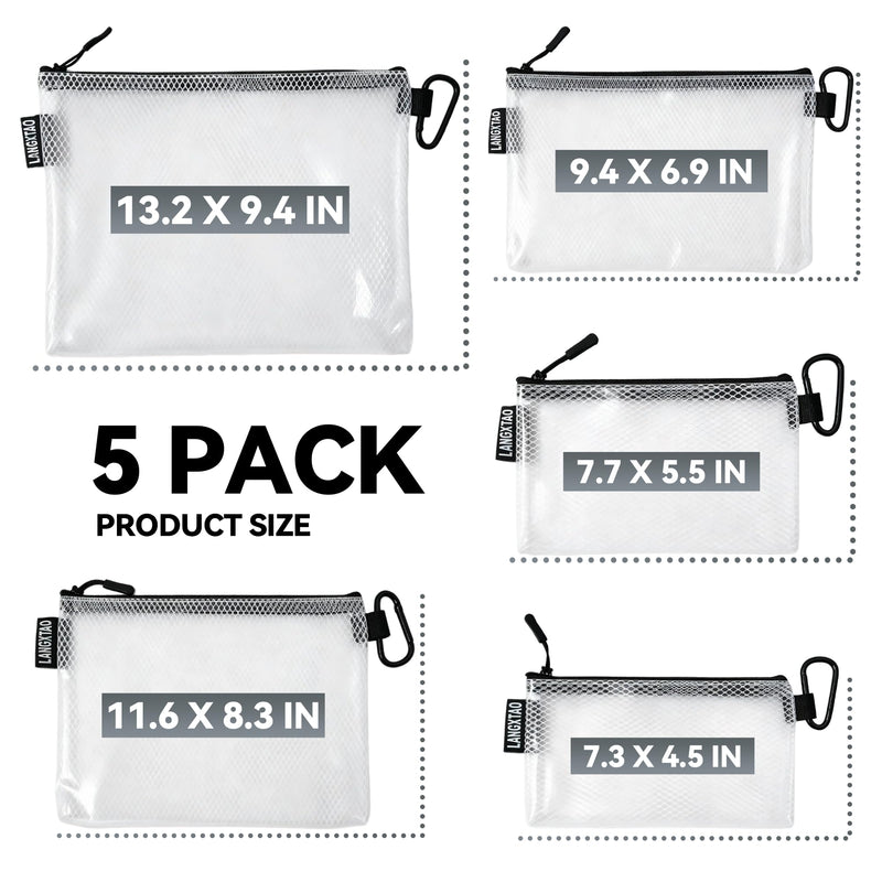 5 Pack Clear Zipper Pouches, Tool & Cable Organizer Waterproof Travel Pouch | Build In Carabiner Clip & Label Sticker, Waterproof Pouch, Mesh Zipper Pouch Bags, Tool Bag, Travel & Tech Pouch, Multi-Size
