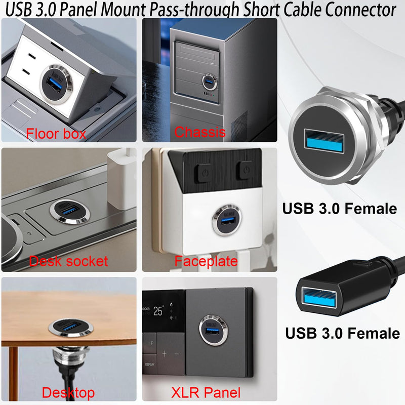 USB 3.0 Female to Female Panel Mount Cable, 5Gbps 3A Charging Bulkhead Connector, 25cm/9.84in Threaded M21 Adapter for Car Desk RV Boat(F-F)
