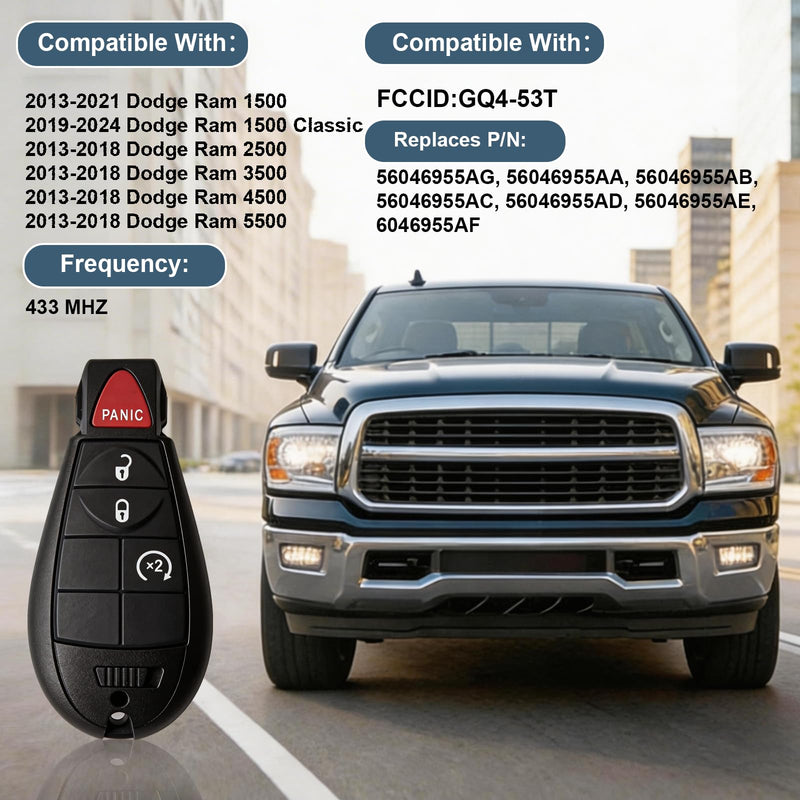 Key Fob Replacement for 2013-2021 Dodge Ram 1500/2013-2018 Dodge Ram 2500 3500 4500 5500, Keyless Entry Remote Control,FCCID GQ4-53T,4-Button Remote (Set of 2)