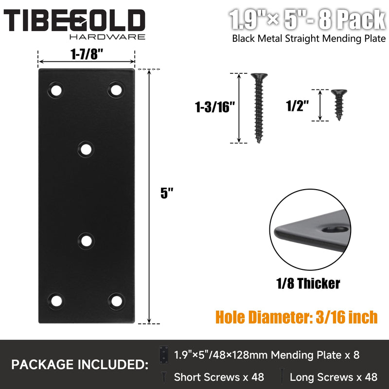 Mending Plate, Black Metal Flat Straight Brace Bracket, Double-Wide Metal Plate, Joining Plate for Wood Furniture Fence Fastening with Screws in 2 Different Lengths (48x128mm, 8 Pack) 1.9"×5"/48*128mm