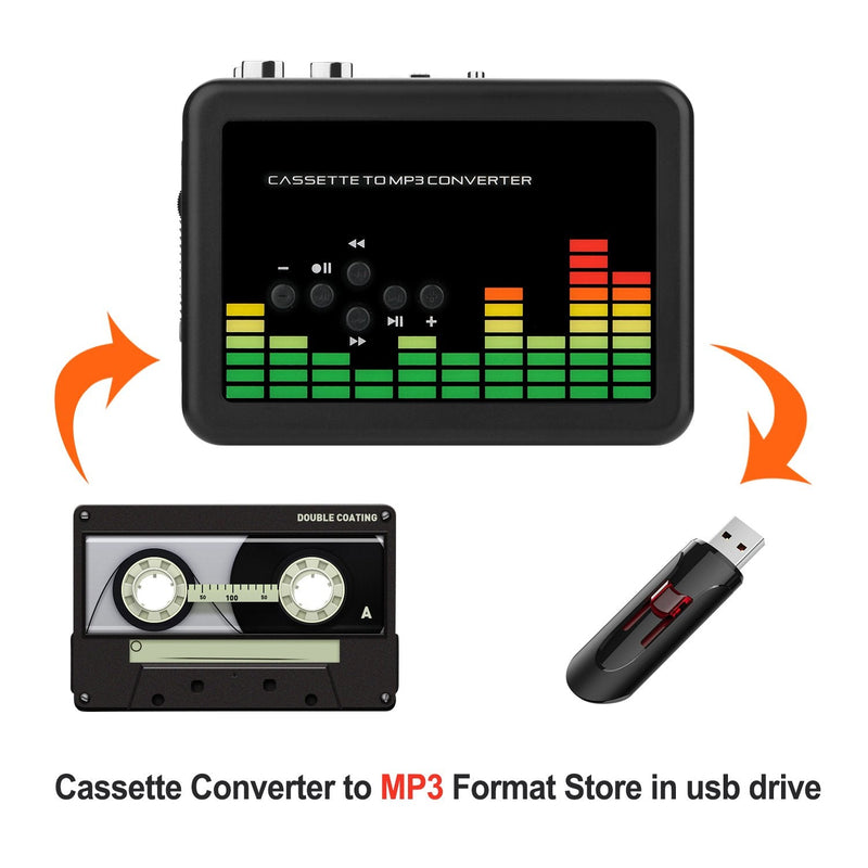 USB Cassette to MP3 Converter, Portable Walkman Cassette Audio Music Player Tape-to-MP3 Converter with Earphones, Volume Control, Auto Reverse, No PC Required Black