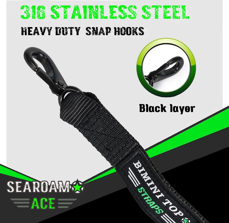 Boat Bimini Top Straps 2 PCS Adjustable Straps with SS 316 Black Plating Hooks 24"~60" Marine Black Nylon Embroidery Webbing Strap,1000LB Break Limit