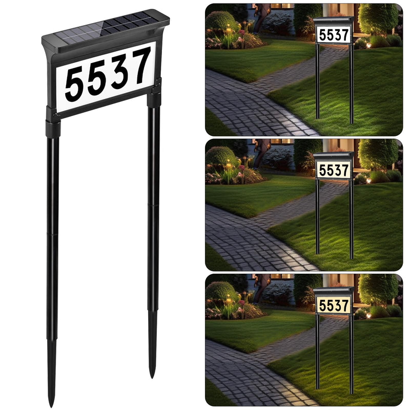 Lacasa Solar Address Signs for Yard, Dual-Sided Illumination Solar House Numbers for Outside, Waterproof Outdoor Solar Mailbox Number Plaque, 3-Color Modes, 1 Pack